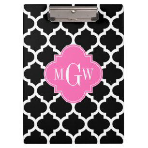 Black Wht Moroccan #5 Hot Pink #2 Name Monogram Clipboard