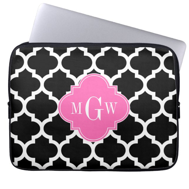 Black Wht Moroccan #5 Hot Pink #2 Name Monogram Laptop Sleeve (Front)