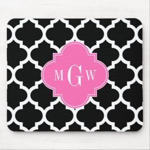Black Wht Moroccan #5 Hot Pink #2 Name Monogram Mouse Pad