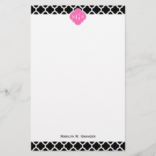 Black Wht Moroccan #5 Hot Pink #2 Name Monogram Stationery (Front)