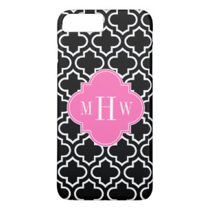 Black Wht Moroccan #6 Hot Pink 3 Initial Monogram iPhone 8 Plus/7 Plus Case