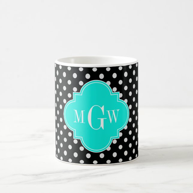 Black Wht Polka Dot Brt Aqua Quatrefoil 3 Monogram Coffee Mug (Center)