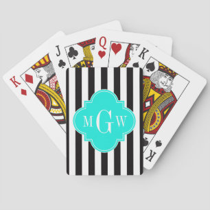 Black Wht Stripe Bright Aqua Quatrefoil 3 Monogram Playing Cards