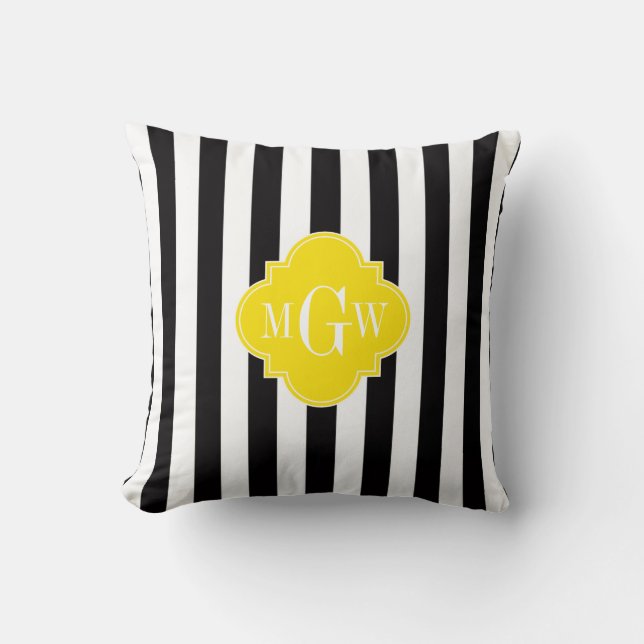 Black Wht Stripe Brt Yellow Quatrefoil 3 Monogram Cushion (Front)