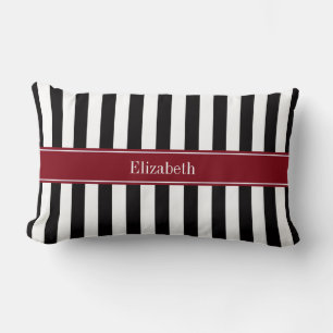 Black Wht Stripe Burgundy Ribbon Name Monogram Lumbar Cushion