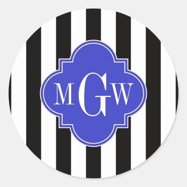 Black Wht Stripe Cobalt Blue Quatrefoil 3 Monogram Classic Round Sticker (Front)