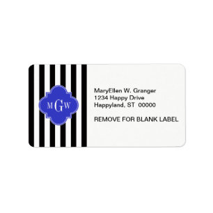 Black Wht Stripe Cobalt Blue Quatrefoil 3 Monogram Label