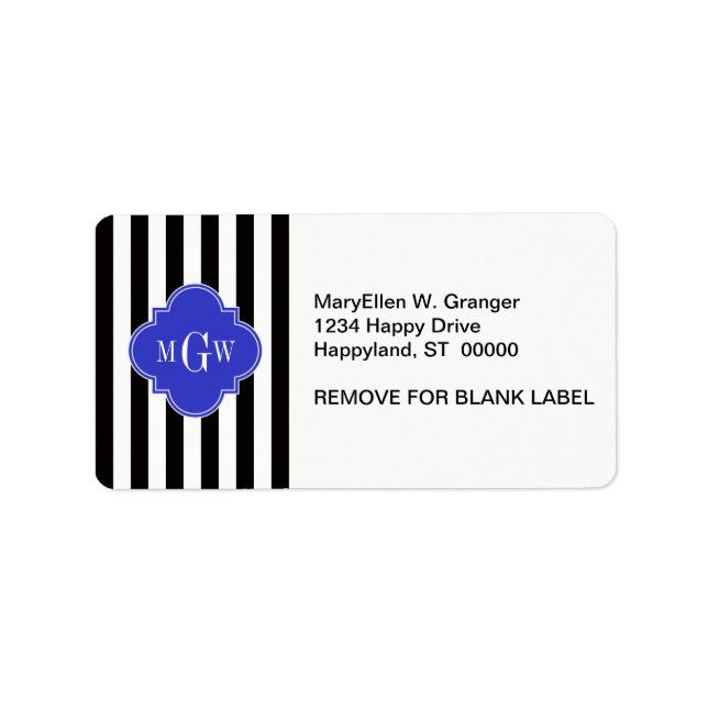 Black Wht Stripe Cobalt Blue Quatrefoil 3 Monogram Label (Front)