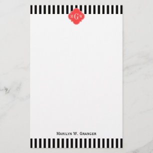 Black Wht Stripe Coral Red Quatrefoil 3 Monogram Stationery
