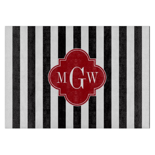 Black Wht Stripe Cranberry Red Square 3 Monogram Cutting Board (Front)