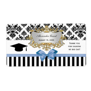 Black Wht Stripe Damask Lt Blue Water Label Grad