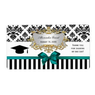 Black Wht Stripe Damask Teal Water Label Grad