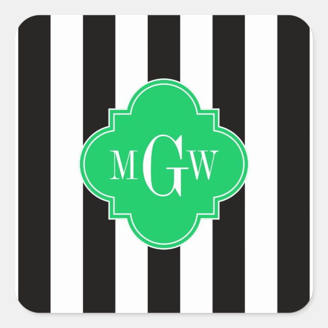 Black Wht Stripe Emerald Square 3 Monogram Square Sticker (Front)