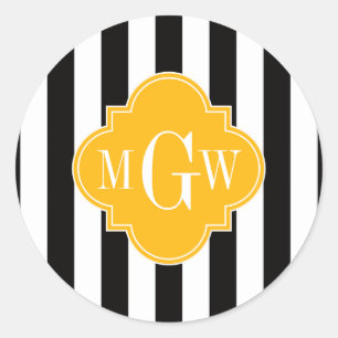 Black Wht Stripe Goldenrod Quatrefoil 3 Monogram Classic Round Sticker