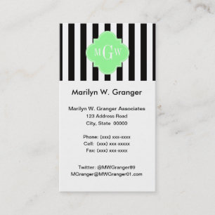 Black Wht Stripe Mint Green Quatrefoil 3 Monogram Business Card