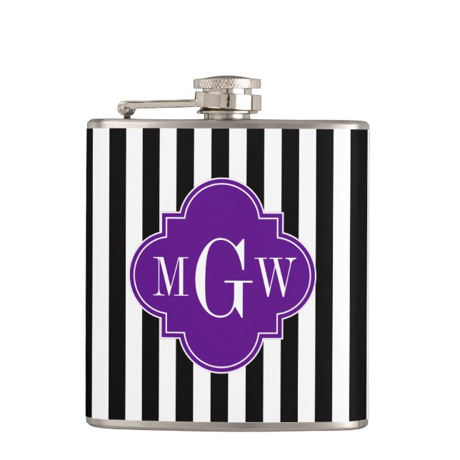 Black Wht Stripe Purple Quatrefoil 3 Monogram Hip Flask (Front)