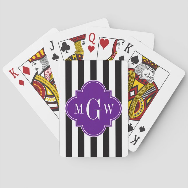 Black Wht Stripe Purple Quatrefoil 3 Monogram Playing Cards (Back)