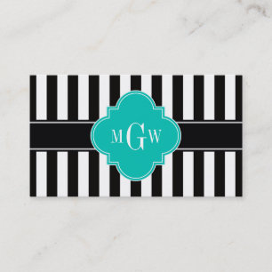 Black Wht Stripe Teal Quatrefoil 3 Monogram Business Card