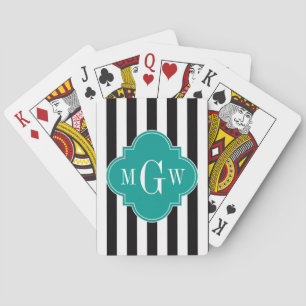 Black Wht Stripe Teal Quatrefoil 3 Monogram Playing Cards