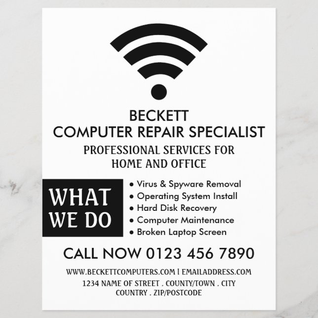 Black Wi-Fi Logo, Computer Repair Specialist Flyer (Front)