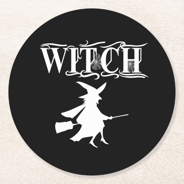 Black Wicked Flying Witch Halloween  Round Paper Coaster (Front)