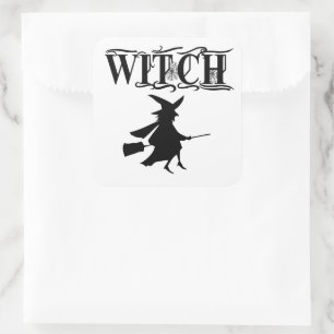 Black Wicked Flying Witch Halloween Square Sticker