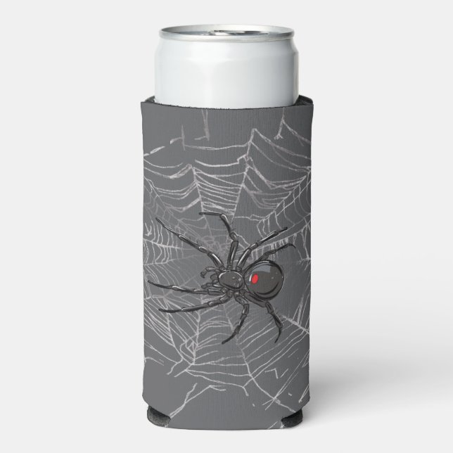 Black Widow Spider And Spiderweb Drawing Art  Seltzer Can Cooler (Seltzer Front)
