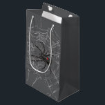 Black Widow Spider And Spiderweb Drawing Art Small Gift Bag<br><div class="desc">Gift Giving Bag printed with Black Widow Spider And Spiderweb Drawing Art original hand drawn graphic design artwork illustration by TheFabricSeal print on demand shop at Zazzle.com #ZazzleMade ©️Original. https://www.zazzle.com/store/thefabricseal Celebrate Halloween and Goth any time of the year with our cool looking black coloured with red marking widow species spider...</div>