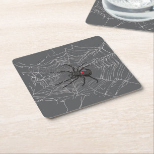 Black Widow Spider And Spiderweb Drawing Art Square Paper Coaster
