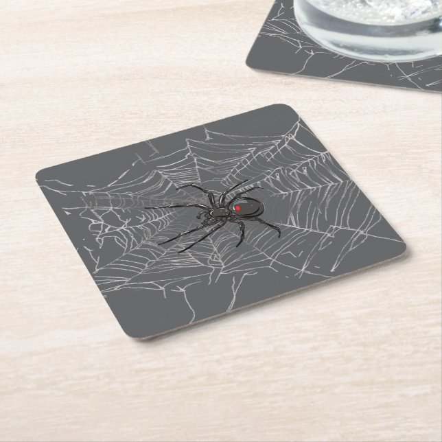 Black Widow Spider And Spiderweb Drawing Art Square Paper Coaster (Angled)
