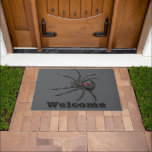 Black Widow Spider Original Drawing Art  Doormat<br><div class="desc">Doormat Welcome Door Mat with customisable text template Welcome typography and printed with Black Widow Spider Original Drawing Art hand drawn graphic design artwork illustration by TheFabricSeal print on demand shop at Zazzle.com #ZazzleMade ©️Original. https://www.zazzle.com/store/thefabricseal Celebrate Halloween and Goth any time of the year with our cool looking black coloured...</div>