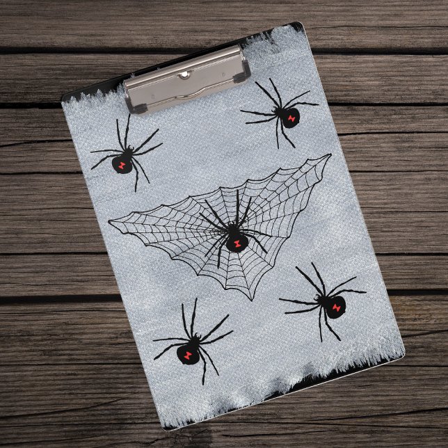 Black Widow Spider Web Halloween Gothic Clipboard (Black widow spiders red hourglass markings spider web on black and white clipboard.)