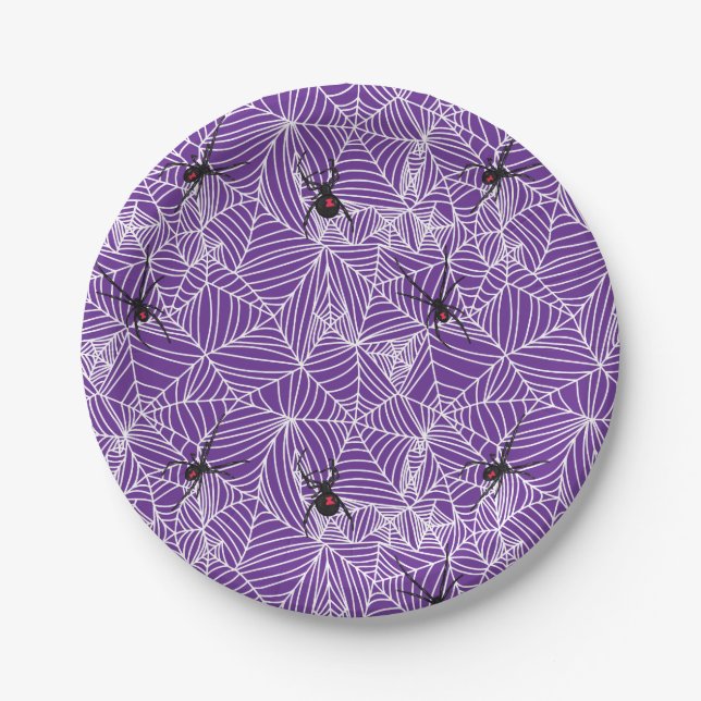 Black Widow Spider Web Purple Paper Plate (Front)