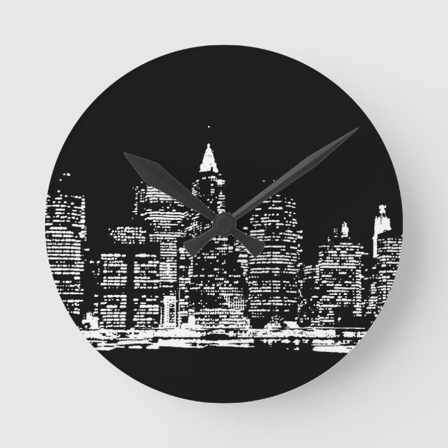 Black & Wihte New York City Night Round Clock (Front)