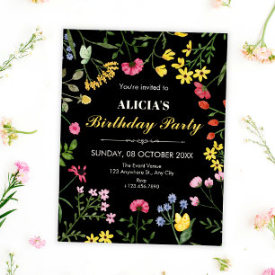 Black Wild flowers birthday Invitation