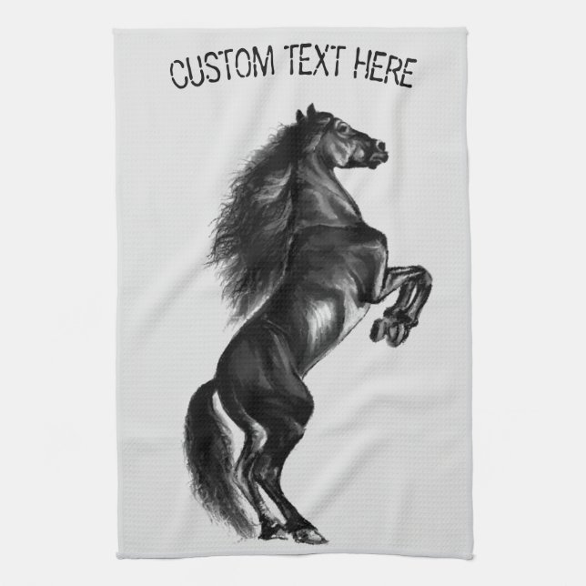 Black Wild Horse Custom Text Kitchen Towel (Vertical)