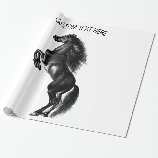 Black Wild Horse Wrapping Paper with Custom Text (Unrolled)