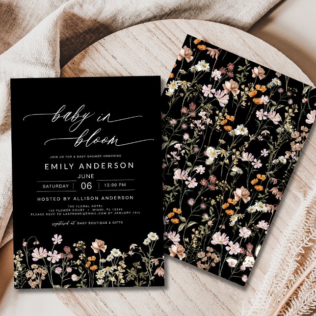 Black Wildflower Baby in Bloom Baby Shower  Invitation (Creator Uploaded)