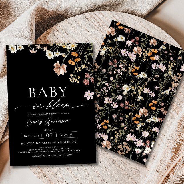 Black Wildflower Baby in Bloom Baby Shower Invitation (Creator Uploaded)