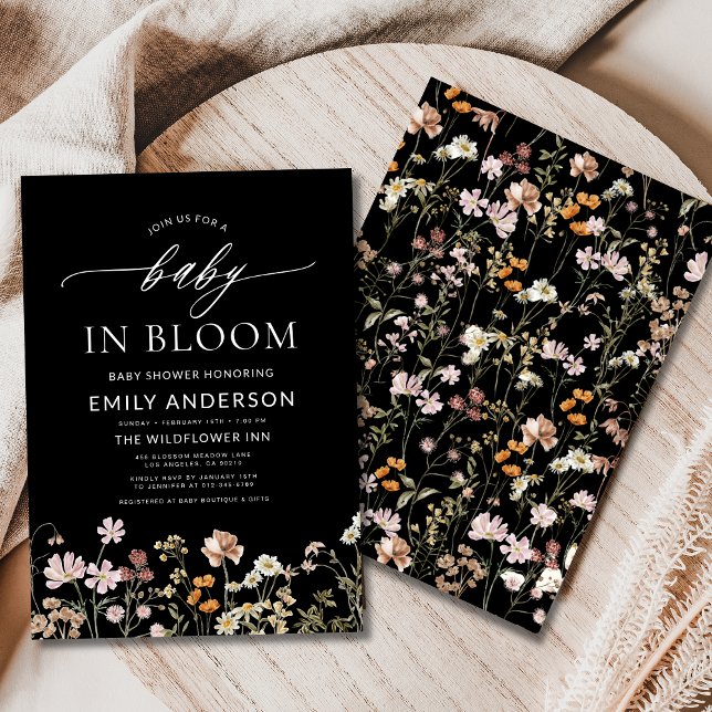 Black Wildflower Baby in Bloom Baby Shower Invitation (Creator Uploaded)