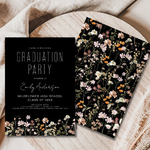 Black Wildflower Bloom Graduation Party Boho Invitation