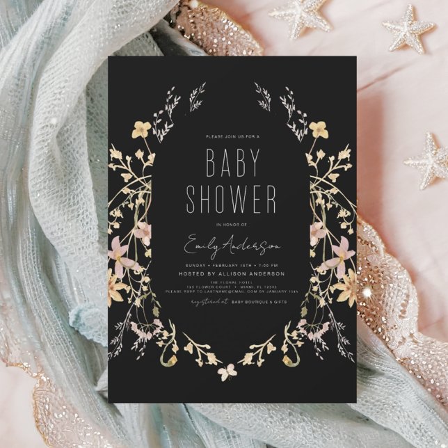 Black Wildflower Boho Baby Shower Elegant Invitation (Creator Uploaded)