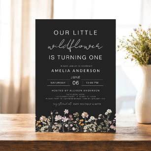 Black Wildflower Boho Chic First Birthday  Invitation