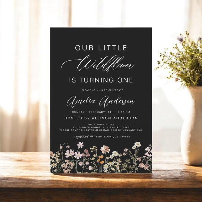 Black Wildflower Boho First 1st Birthday  Invitation (Creator Uploaded)