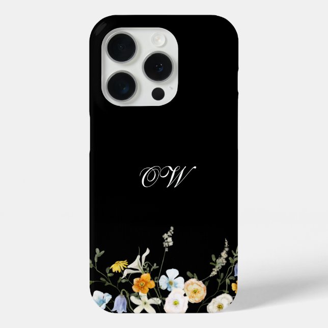 Black Wildflower Floral Elegant Initials Monogram Case-Mate iPhone Case (Back)