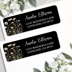 Black Wildflower Floral Return Address Label