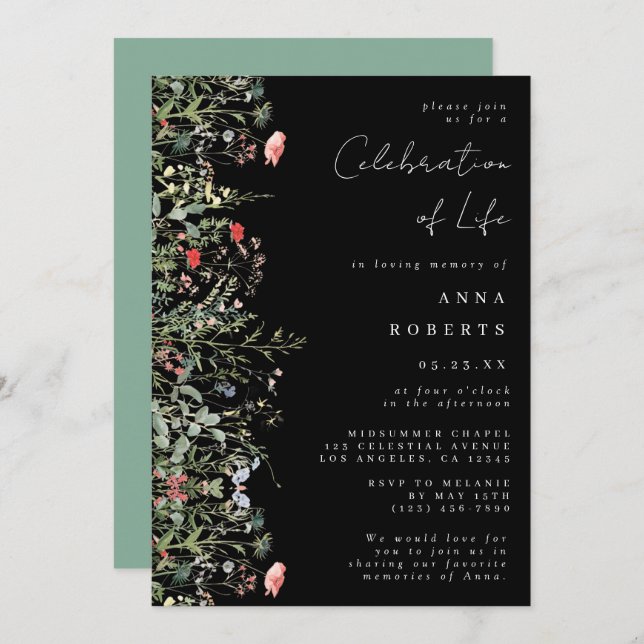 Black Wildflower Funeral Invitation (Front/Back)