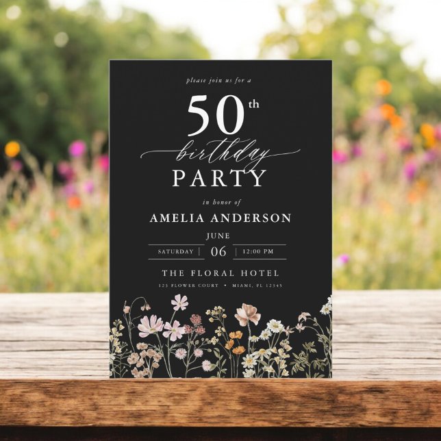 Black Wildflower Garden Floral 50th Birthday Invitation (Creator Uploaded)