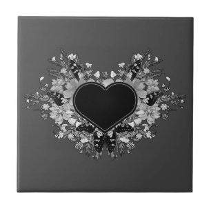 Black Wildflower Heart Ceramic Tile