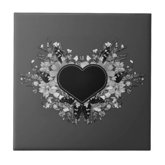 Black Wildflower Heart Ceramic Tile